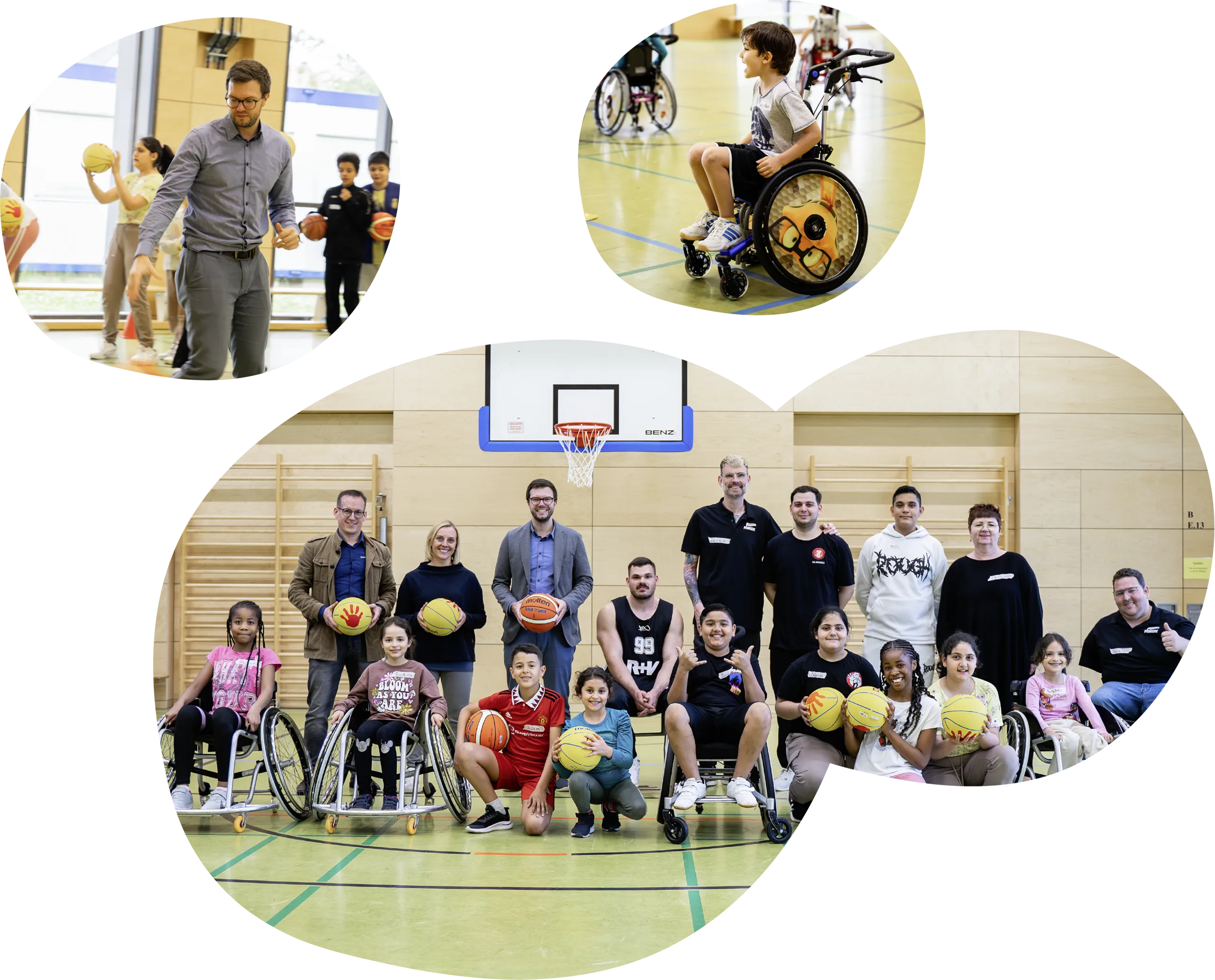Collage aus 3 Bildern der Mutermacher Pioniere bei einem Workshop mit Kindern auf einem Basketballfeld