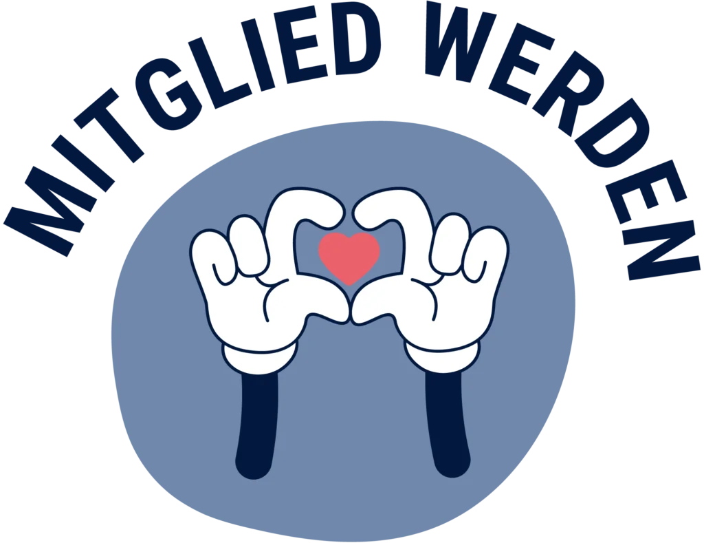 Mutmacher Pioniere Icon Zwei Hände geformt zum Herz, die ein rotes Herz in der Mitte halten, auf hellblauem Hintergrund. Im Halbkreis über dem Icon steht "Mitglied werden". Verlinkt auf die Seite Mitmachen