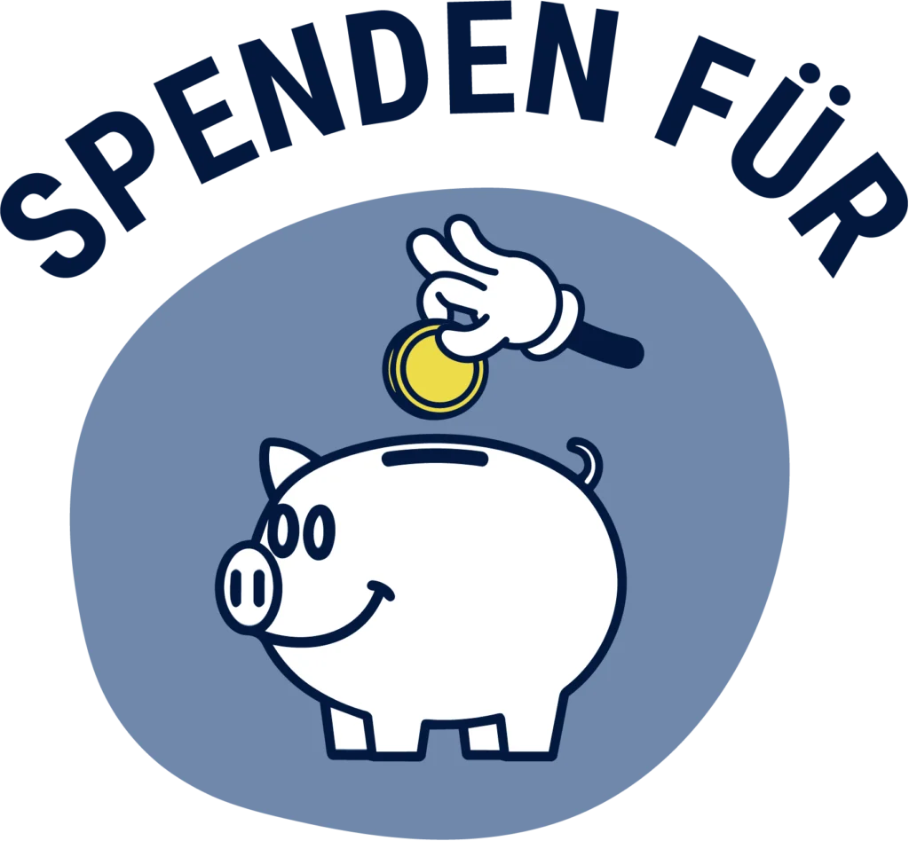 Mutmacher Pioniere Icon Sparschwein mit Hand die Münze hält, auf hellblauem Hintergrund. Im Halbkreis über dem Icon steht "Spenden für". Verlinkt auf die Seite Mitmachen.