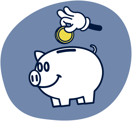 Mutmacher Pioniere Icon Sparschwein mit Hand die Münze hält, auf blauem Hintergrund. Verlinkt auf die Seite Mitmachen.