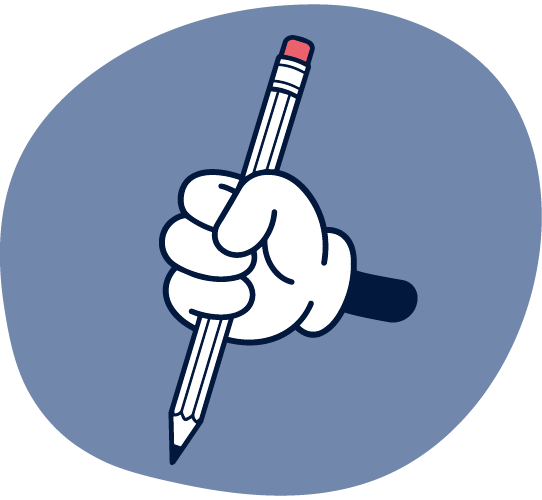 Mutmacher Pioniere Stift-Icon. Eine Hand die einen Bleistift hält, auf blauem Hintergrund.