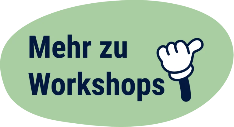Mutmacher Pioniere Button mit Icon (Hand mit Daumen hoch) und Text "Mehr zu Workshops"