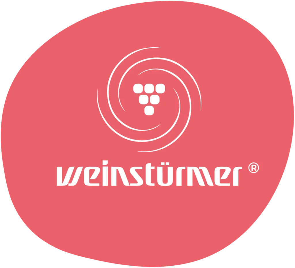 Weißes Weinstürmer Logo auf rotem Kreis